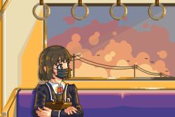 1girl 4mper5and animal bag bird black_jacket bow bowtie brown_eyes brown_hair brown_sweater_vest cloud holding holding_bag jacket long_sleeves looking_to_the_side mask mouth_mask open_clothes open_jacket original pole power_lines red_bow red_bowtie school_bag school_uniform shirt short_hair sitting sky sunset sweater_vest train_interior upper_body white_shirt window