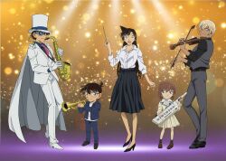 2girls 3boys ;) amuro_tooru back_hair belt belt_buckle black_belt black_shirt black_shoes black_skirt blonde_hair blue_eyes blue_jacket blue_pants blue_socks brown_hair brown_shoes buckle cape closed_mouth collared_shirt conductor_baton dress edogawa_conan formal_clothes full_body gloves green_eyes grey_pants grey_vest haibara_ai hat high_heels highres holding holding_baton holding_instrument holding_saxophone holding_trumpet holding_violin instrument jacket kaitou_kid keyboard_(instrument) long_hair long_sleeves looking_at_viewer medium_hair meitantei_conan monocle monocle_chain mouri_ran multiple_boys multiple_girls music necktie official_art one_eye_closed opaque_monocle open_clothes open_jacket open_mouth pants playing_instrument pleated_skirt red_necktie saxophone shirt shoes short_hair skirt smile socks sparkle standing suit top_hat trumpet vest violin white_cape white_dress white_gloves white_hat white_jacket white_shirt white_shoes white_suit