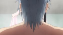 1boy 1girl animated blue_eyes blush breasts brown_eyes brown_hair cover lynn_mei nipples nude nude_filter plunderer short_hair silver_hair sound third-party_edit towel video water