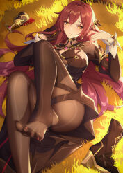 1girl absurdres black_boots black_dress black_gloves black_pantyhose blush boots breasts brown_hair chalice closed_mouth cup dress eden_(honkai_impact) feet fingernails foot_out_of_frame gloves hair_ornament hair_spread_out hands_up high_heel_boots high_heels highres honkai_(series) honkai_impact_3rd large_breasts legs_up long_hair looking_at_viewer lying missing_commentary no_shoes on_back on_grass orange_eyes pantyhose single_glove solo spill spread_toes stirrup_legwear stockings_over_pantyhose toeless_legwear toenails toes unworn_boots very_long_hair wu_ganlan_cai