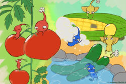 Rule 34 | aqua background, black eyes, blue pikmin, blue skin, cherry tomato, colored skin, colorful background, commentary request, corn, creature, creature focus, cucumber, flower, food, green background, holding, holding food, leaf, nintendo, no humans, no mouth, onsen, orange background, partially submerged, pikmin (creature), pikmin (series), pointy ears, pointy nose, red pikmin, red skin, standing, steam, tomato, triangle mouth, tsumikiki (user gxnu4755), twitter username, white flower, yellow pikmin, yellow skin
