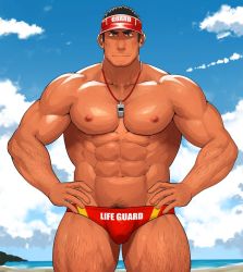 Rule 34 | 1boy, abs, bara, bare pectorals, between pectorals, body hair, bulge, cloud, cloudy sky, cowboy shot, facial hair, hands on own hips, large pectorals, lifeguard, light smile, male focus, male swimwear, male swimwear writing, muscular, navel, nipples, original, pectorals, red male swimwear, red swim trunks, sakuramarusan, short hair, sky, solo, stubble, swim briefs, swim briefs writing, swimsuit, swimsuit writing, thick thighs, thighs, topless male, whistle