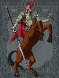 1boy armor cape centaur dairoku_ryouhei gauntlets glowing glowing_eyes grey_background grin hachi8mix holding holding_polearm holding_weapon male_focus polearm red_cape smile solo taur weapon