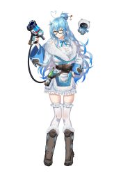 absurdres ahoge alcohol beads bear belt black-framed_eyewear blue_hair boots coat colored_tips cosplay daifuku_(yukihana_lamy) drone elf flower fur_boots fur_coat glasses hair_bun hair_flower hair_ornament hair_stick heart heart_ahoge highres hololive mei_(overwatch) mei_(overwatch)_(cosplay) multicolored_hair nyacifer overwatch pointy_ears polar_bear single_hair_bun snow_boots spiked_boots streaked_hair thighhighs utility_belt virtual_youtuber white_thighhighs winter_clothes winter_coat yellow_eyes yukihana_lamy
