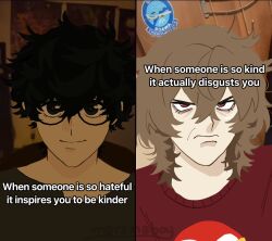 2boys akechi_gorou amamiya_ren angry artist_name black-framed_eyewear black_eyes black_hair brown_hair closed_mouth commentary crossed_bangs english_commentary english_text eyelashes frown glaring glasses hair_between_eyes looking_at_viewer male_focus marsmaboy meme multiple_boys persona persona_5 photo-referenced photo_background red_eyes red_sweater shirt short_hair smile sweater