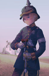 1girl absurdres armband blonde_hair blue_eyes closed_mouth combat_helmet commentary cowboy_shot gloves grey_jacket grey_pants gun hand_on_own_hip handgun helmet highres holding holding_sword holding_weapon jacket karasumi_(sumizono) long_sleeves looking_at_viewer medal military military_rank_insignia military_uniform original pants pickelhaube prussia scabbard sheath short_hair solo sword weapon white_armband white_gloves