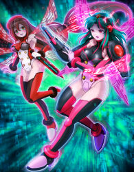 2girls absurdres aqua_ba arm_cannon armor bare_shoulders black_leotard breasts brown_hair corruption dagger dark_persona energy_wings full_body green_eyes green_hair green_pupils hat highres holding holding_dagger holding_knife holding_weapon iris_(mega_man) kiwakiwa knife leotard long_hair medium_breasts medium_hair mega_man_(series) mega_man_x_(manga) mega_man_x_(series) multicolored_hair multiple_girls multiple_wings pink_hair pink_leotard pink_wings red_eyes red_hair red_hat red_leotard red_pupils red_wings shoulder_armor streaked_hair teal_(mega_man) two-tone_hair weapon white_leotard wings