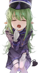 1girl absurdres blue_archive blue_jacket blue_skirt buttons closed_eyes cowboy_shot demon_girl demon_tail doki_illus gloves green_hair highres hikari_(blue_archive) jacket long_hair open_mouth pointy_ears simple_background skirt solo tail white_background white_gloves