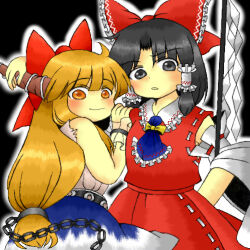 2girls ascot black_background black_hair blue_ascot bow brown_horns chain cuffs frilled_bow frilled_hair_tubes frills gohei hair_bow hair_tubes hakurei_reimu hand_on_another&#039;s_head hand_on_another&#039;s_shoulder horn_ornament horns ibuki_suika looking_at_viewer lowres mo-musu multiple_girls oni orange_eyes orange_hair outline red_bow red_skirt ribbon_trim single_horn skirt skirt_set torn_clothes torn_sleeves touhou white_outline