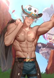 1boy abs absurdres aqua_eyes arms_up asa_ifrit_(asaifrit) black_pants blush brown_hat dark-skinned_male dark_skin genshin_impact grey_hair hat highres holding holding_unworn_clothes ifa_(genshin_impact) male_focus multicolored_hat muscular muscular_male navel neck_tattoo nipples open_mouth pants solo stomach tattoo toned toned_male topless_male white_hair white_hat