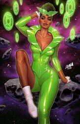 1girl afro asteroid black_hair boots breasts cleavage dark-skinned_female dark_skin david_nakayama dc_comics eyeshadow eyewear_on_head gloves green-tinted_eyewear green_eyeshadow green_jacket green_lantern green_lantern_corps green_pants highres initial jacket makeup medium_breasts pants sitting sojourner_mullein solo tinted_eyewear very_dark_skin white_boots white_gloves
