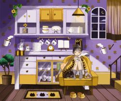 1girl :o alarm_clock animal animal_print animal_slippers animated animated_gif arch armchair bag basket black_cat blanket blinking blowing blunt_bangs blush book bowl bowl_stack cat cat_print ceiling_light chair clock coffee cookie crescent_moon cup cupboard curtains drawer facing_viewer feet_on_chair floating floating_object flower food glass grey_legwear hair_bun hair_ornament hairclip heart heart_print holding holding_cup indoors jar knees_up levitation magic mituhati moon mug night no_shoes open_book original pajamas paw_print plant plastic_bag plate plate_stack potted_plant print_mug rug shelf single_hair_bun sitting slippers unworn_slippers socks spoon stairs steam sunflower tail tail_wagging teapot under_covers wallpaper_(object) window wooden_floor yellow_flower