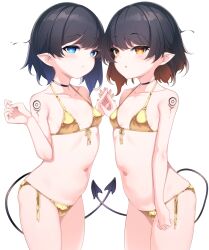 2girls bikini black_choker black_hair blue_eyes breasts choker closed_mouth cowboy_shot demon_girl demon_tail gold_bikini highres looking_at_viewer multiple_girls navel orange_eyes original otokuyou parted_lips pointy_ears short_hair side-tie_bikini_bottom simple_background small_breasts swimsuit tail tattoo white_background