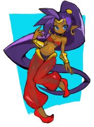 1girl blue_eyes breasts cleavage dakusuta dark-skinned_female dark_skin earrings floating_hair genie harem_pants highres jewelry long_hair long_pointy_ears medium_breasts pants pointy_ears ponytail purple_hair shantae shantae_(series) solo