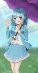1girl :d absurdres blue_eyes blue_hair blue_jacket blue_skirt blue_sky blurry blurry_background commentary_request grass heterochromia highres holding holding_umbrella hyakuya_iori jacket light_rays long_sleeves looking_at_viewer open_mouth outdoors purple_umbrella rainbow red_eyes shirt short_hair skirt sky smile solo standing tatara_kogasa touhou umbrella waving white_shirt