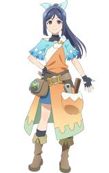 1girl black_gloves black_socks blue_hair blue_shirt boots brown_bag brown_boots fingerless_gloves full_body genjitsu_no_yohane gloves high_ponytail highres kanan_(genjitsu_no_yohane) long_hair looking_at_viewer love_live! love_live!_sunshine!! matsuura_kanan off_shoulder official_art pocket ponytail purple_eyes shirt short_sleeves simple_background socks solo standing tachi-e transparent_background