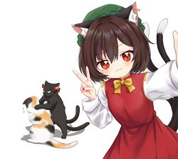 1girl :3 absurdres anger_vein animal_ear_fluff animal_ear_piercing animal_ears black_cat blush bow bowtie brown_hair calico cat cat_ears cat_tail chen commentary_request earrings foreshortening frills goutokuji_mike goutokuji_mike_(cat) hair_between_eyes hat highres jewelry kaenbyou_rin kaenbyou_rin_(cat) long_sleeves looking_at_viewer mob_cap multiple_tails nail_polish nekomata no_nose qi_lang3568 red_bow red_eyes red_nails red_skirt red_vest selfie short_hair simple_background single_earring skirt skirt_set solo tail touhou two_tails v vest white_background yellow_bow yellow_bowtie