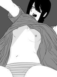 1girl breasts chainsaw_man commentary_request fujimoto_tatsuki_(style) greyscale highres monochrome nanami_toga navel nayuta_(chainsaw_man) nipples open_mouth panties ringed_eyes small_breasts solo striped_clothes striped_panties teeth underwear
