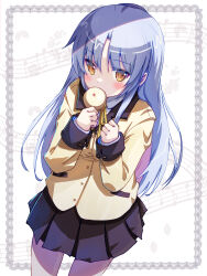 1girl akayama_yukihe angel_beats! black_skirt blush colored_eyelashes commentary_request cowboy_shot eyes_visible_through_hair food_in_mouth food_request hair_between_eyes hands_up highres jacket long_hair long_sleeves looking_at_viewer miniskirt neck_ribbon parted_bangs pleated_skirt ribbon school_uniform sheet_music sidelocks simple_background skirt sleeves_past_wrists solo straight_hair tenshi_(angel_beats!) very_long_hair white_background white_hair yellow_eyes yellow_jacket yellow_ribbon