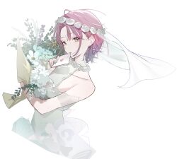 1girl absurdres alternate_eye_color alternate_hair_color asakura_toru bare_shoulders blue_nails bouquet bridal_veil brown_eyes character_request check_character check_copyright commentary copyright_request cropped_torso dress earrings flower highres holding holding_bouquet holding_letter idolmaster idolmaster_shiny_colors jewelry letter looking_at_viewer love_letter nail_polish parted_lips pink_hair short_hair shuishi_tidu simple_background solo symbol-only_commentary veil white_background white_dress
