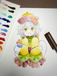1girl adapted_costume alternate_headwear art_tools_in_frame blush collared_shirt commentary_request eyeball floral_print frilled_shirt_collar frilled_sleeves frills green_eyes grey_hair hat headwear_request highres jiangshi komeiji_koishi long_sleeves looking_at_viewer ofuda open_mouth outstretched_arms photo_(medium) print_sleeves rose_print shiro_tsugumi shirt sleeves_past_fingers sleeves_past_wrists solo third_eye touhou wide_sleeves yellow_shirt zombie_pose