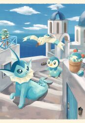 absurdres bird blue_eyes bright_pupils cloud commentary creatures_(company) fins flower_pot forked_tail game_freak gen_1_pokemon gen_2_pokemon gen_3_pokemon gen_4_pokemon head_fins highres looking_up marill nintendo no_humans open_mouth piplup pokemon pokemon_(creature) ramune_(sea_glassblue) stairs tail vaporeon water white_pupils wingull