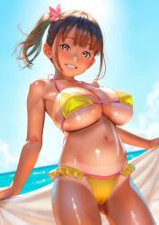 1girl bare_arms bikini blush breasts brown_eyes brown_hair cameltoe cleavage covered_erect_nipples day grin hair_ribbon highres horizon large_breasts looking_at_viewer navel ocean original outdoors ponytail ribbon shiny_skin side_ponytail sidelocks smile solo standing swimsuit tan tanline teeth thighs towel underboob uzuki_mei yellow_bikini