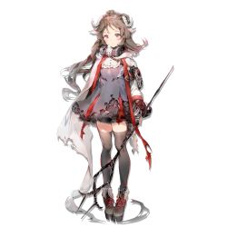 1girl anmi arknights artist_name black_boots blush boots breasts brown_hair brown_thighhighs capelet coat dress eyjafjalla_(arknights) female_focus floating_hair full_body fur-trimmed_dress fur_trim gas_mask goggles gradient_hair grey_dress headphones headphones_around_neck holding holding_staff horns lace-up_boots logo long_hair long_sleeves looking_at_viewer mask mask_around_neck multicolored_hair official_art open_clothes open_coat platform_boots platform_footwear purple_eyes red_hair respirator sheep_horns sidelocks solo staff tachi-e thighhighs torn_clothes torn_coat torn_dress transparent_background watermark white_capelet white_coat wool