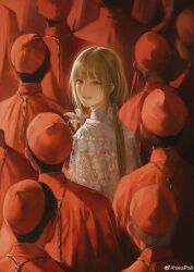 1girl 6+boys absurdres black_hair blonde_hair cardinal dress flower green_eyes hat highres jacket long_hair looking_at_viewer looking_back multiple_boys open_mouth original people red_hat red_jacket red_theme seapall watermark weibo_watermark white_dress white_flower
