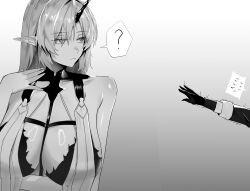1boy 1girl 22_(wawara22) ? absurdres arm_under_breasts bare_shoulders breasts closed_mouth collar commentary english_commentary fleurdelys_(wuthering_waves) flying_sweatdrops gloves greyscale hand_up highres horns huge_breasts long_hair looking_to_the_side male_rover_(wuthering_waves) monochrome out_of_frame pointy_ears reaching reaching_towards_another rover_(wuthering_waves) sidelocks single_horn spoken_flying_sweatdrops spoken_question_mark trembling wuthering_waves