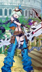 Rule 34 | 1girl, bare shoulders, belt, black gloves, black shorts, blue ribbon, blue scarf, blue vest, blush, breasts, bukurote, chaps, cropped vest, fate/grand order, fate (series), fingerless gloves, gloves, goggles, goggles on head, green eyes, green hair, gun, hair between eyes, hair ribbon, horns, looking at viewer, louhi (fate), louhi (fgo fes. 2025) (fate), navel, official art, open mouth, ribbon, scarf, short hair, short shorts, shorts, sidelocks, small breasts, smile, suspenders, thighs, tonttu (fate), vest, weapon