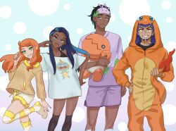 2boys 2girls beard black_hair blue_eyes blue_hair commentary_request cowboy_shot dark-skinned_female dark-skinned_male dark_skin facial_hair hand_on_own_hip headband highres leon_(pokemon) long_hair looking_at_viewer making-of_available multiple_boys multiple_girls nessa_(pokemon) nicoliarts nintendo orange_hair pajamas pokemon pokemon_swsh purple_headband purple_shorts raihan_(pokemon) shorts smile sonia_(pokemon) thighhighs