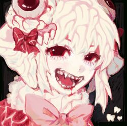 1girl blood blood_in_mouth bow bowtie extra_eyes fangs food hair_bow looking_at_viewer meat nonsensemanna open_mouth original pink_bow pink_bowtie red_bow red_eyes short_hair smile solo teeth veins white_bow white_hair