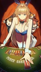5girls absurdres animal_ear_hairband animal_ears aris_(blue_archive) aris_(maid)_(blue_archive) bare_arms bare_shoulders black_dress blonde_hair blue_archive blue_bow blue_bowtie blue_eyes blue_hairband blue_leotard bow bowtie breasts brown_hair card cleavage closed_mouth detached_collar dress esnowg expressionless fake_animal_ears fang forehead hair_between_eyes hairband highres large_breasts leotard long_hair maid_headdress momoi_(blue_archive) momoi_(maid)_(blue_archive) multiple_girls neru_(blue_archive) neru_(bunny)_(blue_archive) off_shoulder official_alternate_costume open_mouth parted_bangs playboy_bunny playing_card poker_chip poker_table rabbit_ear_hairband rabbit_ears red_eyes red_hair red_hairband red_leotard sidelocks table thighhighs toki_(blue_archive) toki_(bunny)_(blue_archive) white_thighhighs wrist_cuffs yuzu_(blue_archive)