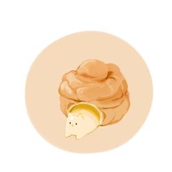 animal cat chai_(drawingchisanne) circle commentary_request cream cream_puff dessert food food-themed_creature in_food no_humans original pastry signature simple_background undersized_animal