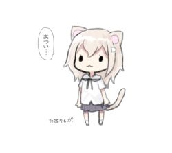1girl :3 animal_ears black_bow bow brown_hair capriccio cat_ears cat_girl cat_tail chibi closed_mouth collared_shirt commentary_request dated full_body grey_skirt hair_between_eyes original pleated_skirt shirt short_sleeves simple_background skirt socks solid_oval_eyes solo standing tail translation_request white_background white_shirt white_socks