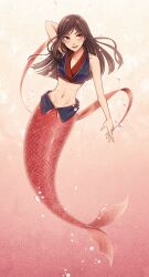 1girl animification black_hair breasts brown_eyes chinese_clothes earrings fa_mulan_(disney) full_body hanfu highres jewelry long_hair looking_at_viewer makeup mermaid mizala monster_girl mulan_(movie) simple_background smile solo