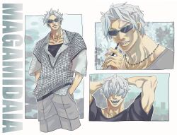 1boy arm_up arms_up earrings grey_hair hair_over_eyes hands_in_pockets highres jewelry male_focus multiple_views n_boru necklace original sharp_teeth shirt stud_earrings sunglasses t-shirt teeth
