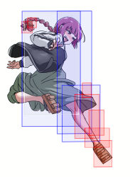 black_bow black_jacket black_nails bocchi_the_rock! bow braid dress fighting_game flying_kick from_behind geta green_dress hiroi_kikuri hitbox jacket kicking melty_blood multicolored_jacket purple_hair simple_background single_braid sion_eltnam_(type-moon) sion_eltnam_atlasia solo torako_(toramaru) tsukihime two-tone_jacket white_background white_jacket