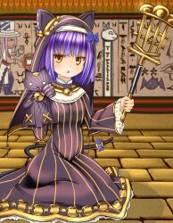 Rule 34 | aneten, animal ear headwear, animal hood, bastet lore, blue hair, breasts, cat girl, cat hood, cat tail, emil chronicle online, fake animal ears, hair ribbon, highres, holding, holding staff, hood, nun, ribbon, sitting, small breasts, staff, tail, tail ornament, tail ribbon, yellow eyes