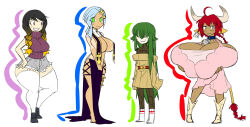 +_+ 4girls alice_(ego_trigger) animal_ears bailey_(ego_trigger) breast_curtains breast_hold breasts cleavage cow_ears cow_girl cow_horns cow_tail curvy dark-skinned_female dark_skin female_focus flat_chest full_body gigantic_breasts gradient_hair green_eyes green_hair hidden_eyes highres horns large_breasts looking_at_viewer matsu-sensei multicolored_hair multiple_girls nicole_(ego_trigger) nun orange_hair original pale_skin red_hair sleeveless standing tail thick_thighs thighhighs thighs twintails white_background wide_hips zettai_ryouiki