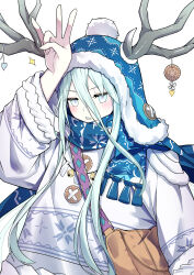 1girl absurdres antlers beanie blue_hat blue_scarf blush breasts fate/grand_order fate_(series) hat highres horns long_hair long_sleeves looking_at_viewer louhi_(fate) louhi_(second_ascension)_(fate) natu_zame pom_pom_(clothes) pom_pom_beanie scarf sidelocks small_breasts solo sweater white_eyes white_hair white_sweater