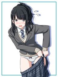 Rule 34 | 1girl, black hair, blazer, blue border, blue eyes, blue necktie, blue skirt, blush, border, bow, bow panties, clothes pull, commentary request, commission, cowboy shot, crotch seam, dress shirt, flying sweatdrops, frown, grey jacket, grey panties, highres, idolmaster, idolmaster shiny colors, jacket, kazano hiori, leaning forward, lielos, long sleeves, looking at viewer, medium hair, miniskirt, mole, mole under mouth, necktie, open mouth, panties, partial commentary, pixiv commission, plaid clothes, plaid skirt, pleated skirt, ponytail, pulling own clothes, school uniform, shadow, shirt, simple background, skirt, skirt pull, solo, standing, sweatdrop, sweater, underwear, undressing, v-neck, white background, white shirt, white sweater