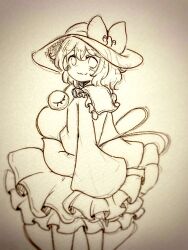 Rule 34 | 1girl, blush, bow, closed mouth, collared shirt, eyeball, frilled shirt collar, frilled skirt, frilled sleeves, frills, hat, hat bow, highres, komeiji koishi, long sleeves, looking at viewer, monochrome, shiro tsugumi, shirt, skirt, sleeves past fingers, sleeves past wrists, smile, solo, third eye, touhou, traditional media, wide sleeves