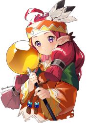 Rule 34 | 1girl, ahoge, artist name, capelet, chiko (puyopuyo), closed mouth, commentary, cropped torso, dot mouth, dress, feather hair ornament, feathers, green capelet, hair ornament, hand up, headdress, highres, holding, holding staff, kuroda (kuro yyy), long hair, low-tied long hair, native american headdress, o-ring, orange dress, orb, pointy ears, purple eyes, puyopuyo, red hair, simple background, solo, staff, tribal, twitter username, white background, white feathers, wide sleeves