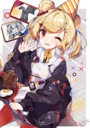 1girl absurdres animal_ears arknights bacon bear_ears birthday blonde_hair egg food food-themed_hair_ornament frying_pan gummy_(arknights) gummy_(elite_ii)_(arknights) hair_ornament hairclip hat highres jacket long_sleeves looking_at_viewer short_hair smile solo