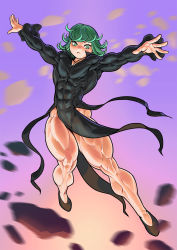 1girl abs alternate_body_size bare_legs black_dress collared_dress dress extreme_muscles female_focus floating green_eyes green_hair high_heels highres legs matching_hair/eyes muscular muscular_female one-punch_man pelvic_curtain pokkuti skin_tight solo tatsumaki thick_thighs thighs