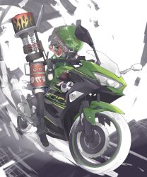 1girl artist_name black_boots black_gloves black_helmet black_thighhighs blue_eyes blue_shorts boots clothes_writing commentary_request covered_mouth full_body gloves green_jacket helmet highres holding holding_weapon jacket lace-up_boots looking_at_viewer matsushita_(matsudbox) medium_hair motor_vehicle motorcycle motorcycle_helmet nintendo octoling octoling_girl octoling_player_character on_motorcycle range_blaster_(splatoon) red_hair shorts sitting solo splatoon_(series) tentacle_hair thighhighs weapon
