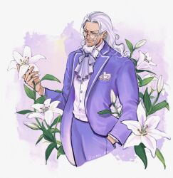 1boy absurdres ascot bright_pupils bud buttons cowboy_shot dress_shirt facial_hair flower formal_clothes glasses goatee hand_in_pocket highres holding holding_flower jacket lapels lily_(flower) long_hair male_focus mature_male mustache_stubble notched_lapels old old_man one_piece pants purple_ascot purple_jacket purple_pants purple_suit round_eyewear scar scar_across_eye scar_on_face shirt silvers_rayleigh smile solo stubble suit twitter_username vamos_mk white_background white_facial_hair white_flower white_hair white_lily white_pupils white_shirt