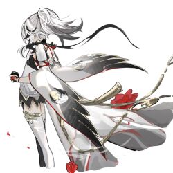 Rule 34 | 1girl, cropped legs, from behind, fu hua, fu hua (crane of taixuan), fu hua (fenghuang of vicissitude), fu hua (garuda), honkai (series), honkai impact 3rd, long hair, ponytail, sho 2nini, simple background, solo, thighhighs, white background, white hair, white thighhighs, wide sleeves